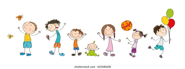 Happy kids collection - original hand drawn illustration of cheerful children