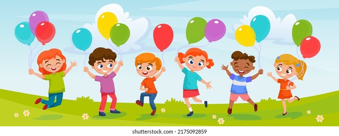 Happy kids with colorful balloons in their hands celebrating a birthday. Diverse boys and girls having fun and playing at a birthday party in a park or garden. Cartoon style vector illustration.