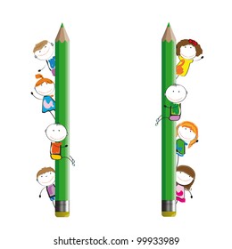 Happy kids and colorful banner with crayons