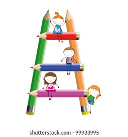 Happy kids and colorful ladder with crayons