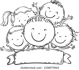 Happy kids with a copy space, outline cartoon vector illustration