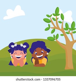 happy kids couple in the camp interracial characters