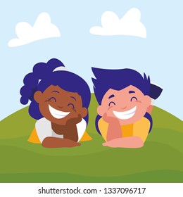 happy kids couple in the camp interracial characters