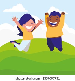 happy kids couple in the camp interracial characters