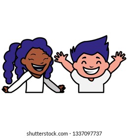 happy kids couple celebrating interracial characters