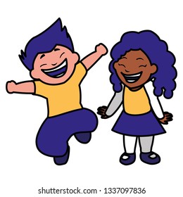 happy kids couple celebrating interracial characters
