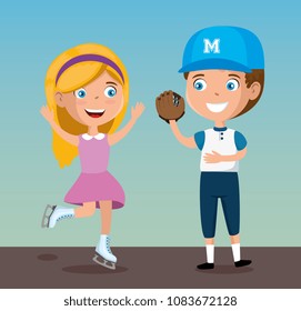 happy kids couple playing sports characters