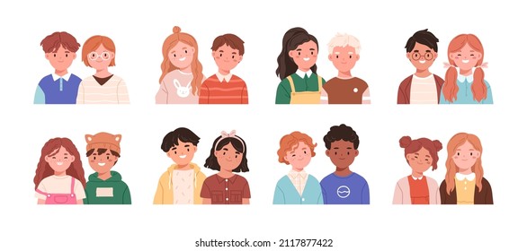 Happy kids couples. Children friends, classmates and siblings pairs portrait. Diverse little smiling boys and girls set, elementary school child. Flat vector illustrations isolated on white background