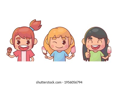 Happy kids cute girl character with ice cream Premium Vector
