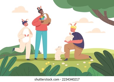 Happy Kids with Cute Rabbits and Painted Colorful Eggs in Basket during Easter Hunt Event in Spring Garden, Children Characters Outdoors Holiday Fun and Recreation. Cartoon People Vector Illustration