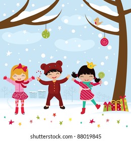 Happy kids dancing in Christmas