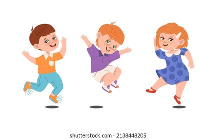 Happy kids dancing and jumping set. Energetic little children in motion cartoon vector illustration