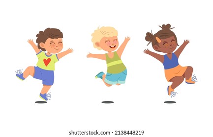 Happy kids dancing and jumping set. Energetic little children having fun cartoon vector illustration