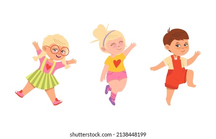 Happy kids dancing set. Energetic little children having fun cartoon vector illustration