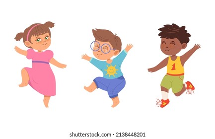 Happy kids dancing set. Energetic little children in motion cartoon vector illustration