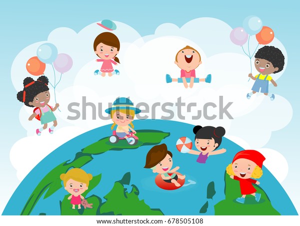 地球上の異なる国籍の幸せな子どもたち 地球上で遊ぶ子どもたち ベクターイラスト のベクター画像素材 ロイヤリティフリー