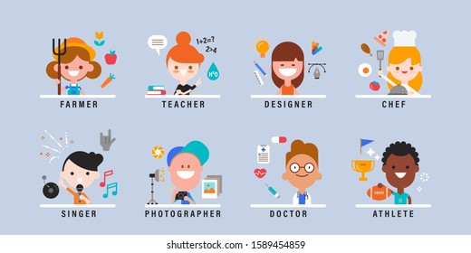 Happy kids with different professions. Smiling boys and girls in various occupations illustration. vector children cartoon character in flat design style.