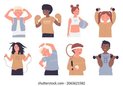 Happy kids do sport exercises isolated vector illustration set. Cartoon children training with dumbbells, boxing gloves, jump rope, boy child character holding tennis racket, girl exercising with ball