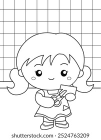 Happy Kids Doing Daily Crafting School Girl Student Studying Learning Activity Cartoon Coloring for Kids and Adult