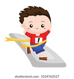 Happy Kids Doing Daily Sport Activity Winning Winner Champion Running Cartoon Illustration Vector Clipart Sticker Decoration Background