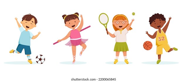 Happy Kids Doing Different Sports Vector Set. Little Boys And Girls Play Football, Basketball, Tennis And Ballet. Illustration For Children's Products, Sites And Invitations