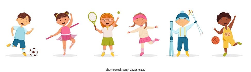 Happy Kids Doing Different Sports Vector Set. Children's Activities. Little Boys And Girls Play Football, Basketball, Tennis, Figure Skating, Skiing And Ballet. Illustration For Children's Products