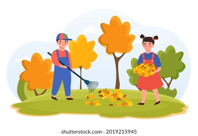 Happy Kids Doing Housework Chores, Raking Falling Leaves. Autumn Cleanup Day, Seasonal Cleaning Service. Flat Cartoon Vector Illustration Concept Design Isolated On White Background