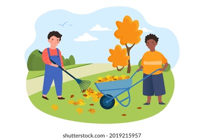 Happy kids doing housework chores, raking falling leaves. Autumn cleanup day, seasonal cleaning service. Flat cartoon vector illustration concept design isolated on white background