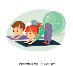 Happy kids doing morning fitness exercises, bending forward and stretching. Children exercising at home. Fitness workout exercise, healthy lifestyle sports Cartoon Flat Vector Illustration.