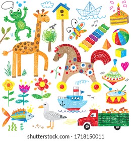 happy kids doodle hand drawn giraffe horse toys truck ship frog fish flowers bird ball cartoon cute icon set