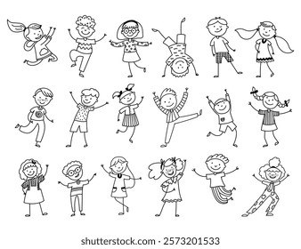 Happy kids doodles. Cute little boys and girls characters, funny active children playing and dancing, preschooler sketch collection. Vector isolated set.