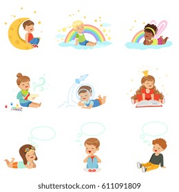 Happy kids dreaming and fantasizing. Cartoon detailed colorful Illustrations