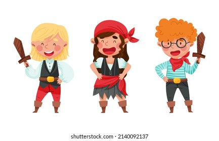 Happy Kids Dressed Pirate Costumes Having Stock Vector (Royalty Free ...