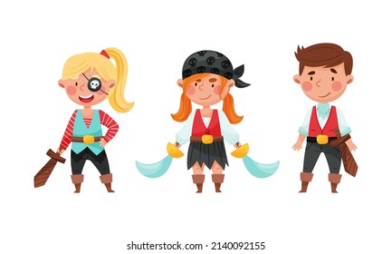 Happy kids dressed in pirate costumes holding daggers having fun at pirate party cartoon vector illustration