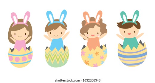 Happy Kids in Easter eggs for happy Easter holiday.
