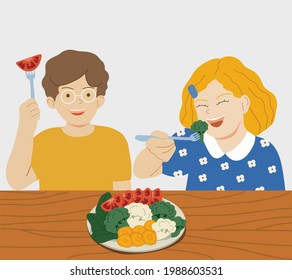 Happy Kids Eating. Children And Healthy Food.  Boy And Girl Love Vegetables. How To Teach Children To Eat Vegetables. Vector Hand Drawn Illustration. 