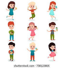 Happy kids eating ice cream set of cartoon vector illustrations