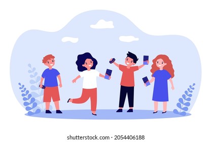 Happy kids eating sweet food together. Friends holding cookie and chocolate bar in hand flat vector illustration. Childs love of desserts concept for banner, website design or landing web page