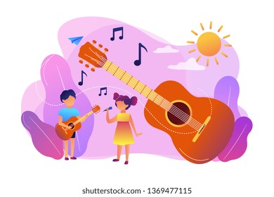 Happy Kids Enjoy Singing And Playing The Guitar At Summer Camp, Tiny People. Musical Camp, Young Music Talents, Music And Song Courses Concept. Bright Vibrant Violet Vector Isolated Illustration