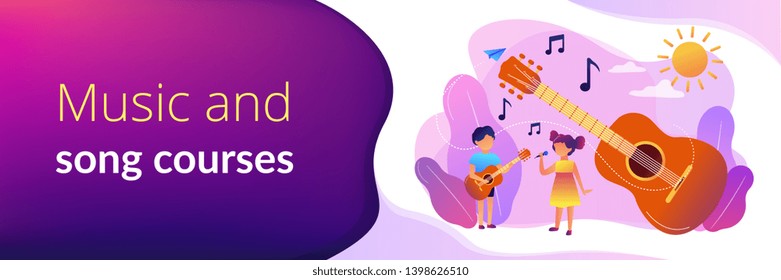 Happy kids enjoy singing and playing the guitar at summer camp, tiny people. Musical camp, young music talents, music and song courses concept. Header or footer banner template with copy space.