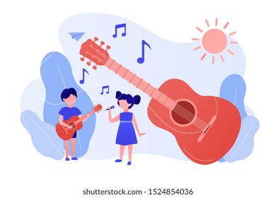 Happy kids enjoy singing and playing the guitar at summer camp, tiny people. Musical camp, young music talents, music and song courses concept. Pinkish coral bluevector isolated illustration