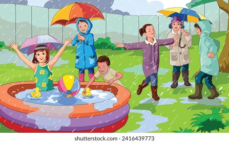 Happy kids enjoying rain wearing raincoats and using umbrellas