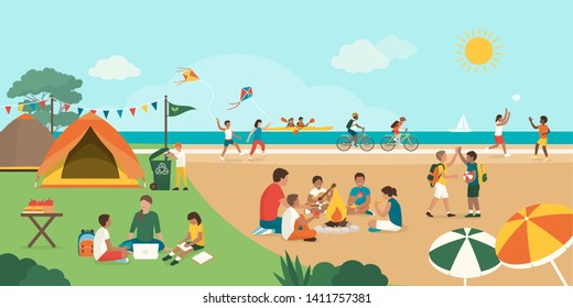 Happy kids enjoying summer camp together on the beach: they are playing, camping and doing sports together, diversity and education concept