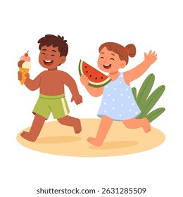 Happy kids enjoying summer, running barefoot with treats — one holding ice cream and the other a slice of watermelon. Cheerful flat vector illustration perfect for children’s books,  
