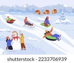 Happy kids enjoying winter and snow, sliding down slope on sleds and snow tubing on winter holidays, making snowman. Flat vector illustration for childhood, winter outdoor activities, holiday concept