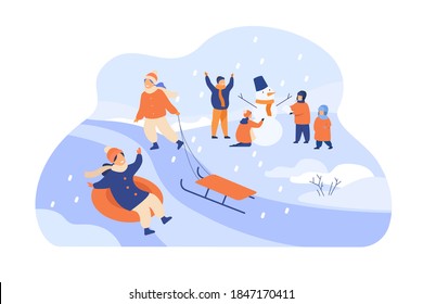 Happy kids enjoying winter and snow, sliding down hill on inflatable sled, making snowman. Vector illustration for childhood, winter fun, outdoor activities, holiday concept