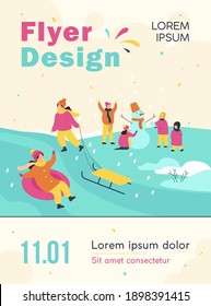 Happy kids enjoying winter and snow, sliding down hill on inflatable sled, making snowman. Vector illustration for childhood, winter fun, outdoor activities, holiday concept