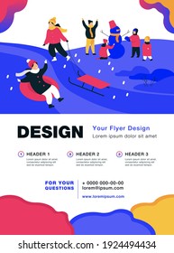 Happy kids enjoying winter and snow, sliding down hill on inflatable sled, making snowman. Vector illustration for childhood, winter fun, outdoor activities, holiday concept