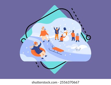 Happy kids enjoying winter and snow, sliding down hill on inflatable sled, making snowman. Vector illustration for childhood, winter fun, outdoor activities, holiday concept