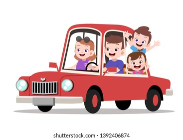 happy kids family riding car vector illustration